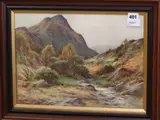 Highland landscape with stream by Harry Sticks, watercolour, sold Apr 2019