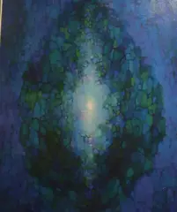Abstract composition in shades of blue by Michael Tain, acrylic on canvas, sold Apr 2019