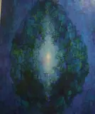 Abstract composition in shades of blue by Michael Tain, acrylic on canvas, sold Apr 2019