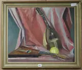 Still life of musical instruments by Marion Lewin, oil on board, sold Apr 2019
