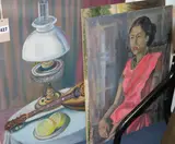 Still lifes and study of an Indian woman, largest 61 x 51cm, all unframed by Marion Lewin, oil, sold Apr 2019