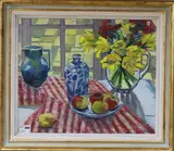 Still life with apples and a vase of flowers on a table by Aggy Boshoff, oil on canvas, sold Mar 2019