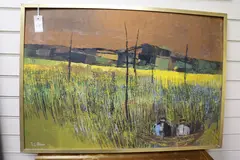 Boat among reeds by Peter Oliver, oil on board, sold Mar 2019