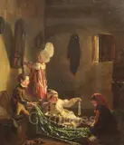 Raiding the wardrobe' Frost & Reed label verso listing in Ex by Thomas Webster, oil on panel, sold Mar 2019
