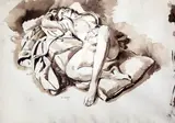 A sketch of figures around a by Michael Rothenstein, ink and wash, sold Mar 2019