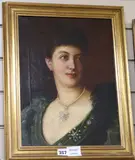 Portrait of a lady wearing diamond jewellery by Julia Bracewell Folkard, oil on canvas, sold Mar 2019
