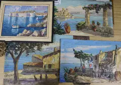 4 oils on board, Piana-Corse, Antibes, Cabanon & St Raphael by Louis Jacques Vigon, oil, sold Mar 2019