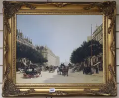 Parisian street scene with figures in period dress and another similar by the same hand by Glynn Williams, oil on board, sold Feb 2019