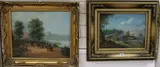 2 oils on board, a village scene with numerous equestrian and other figures on a track and distant mountains by Lazio Vigyazo, oil, sold Feb 2019