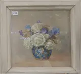 Still life of white roses and pansies in a ginger by Norah Helen Cullen, oil on canvas, sold Feb 2019