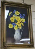 Still life of yellow daisies and cornflowers in a jug by Dorcie Sykes, watercolour, sold Feb 2019