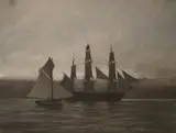 Yachts and frigate at sea by David Cobb, oil on canvas, sold Feb 2019