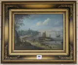 A lakeside village with sailing boats and figures by Lazio Vigyazo, oil on board, offered Feb 2019