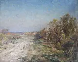 Cattle in landscape, incised signature Fred Whitehead AP 1914, 33 x 40.5cm by Frederick William Whitehead, oil on panel, sold Feb 2019