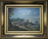A lakeside village with sailing boats and figures by Lazio Vigyazo, oil on board, offered Jan 2019
