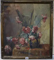 Still life of carnations in a vase with by Edmond De Maertelaere, oil on canvas, sold Jan 2019
