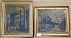 Camden Town Canal Bridge' and another, 'Camden Road N.W.3' (2), 25 x 20cm & 20 x 25cm by Edward Bishop, oil on board, sold Jan 2019