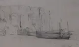 Fishing boats at Hastings, dated 1846, 13 x 21cm, unframed by Richard Henry Nibbs, 1846, pencil on paper, sold Jan 2019