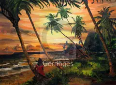 Coastal scene at sunset with woman seated by Edwin Hingwan, oil on canvas board, sold Dec 2018