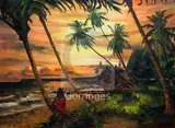 Coastal scene at sunset with woman seated by Edwin Hingwan, oil on canvas board, sold Dec 2018