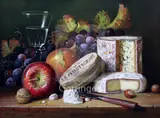 Cheese and fruitsigned11 by Raymond Campbell, oil on board, sold Dec 2018