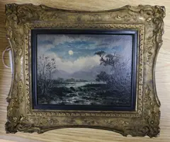 A moonlit river landscape with rapids and trees in by Adolphus Knell, oil on board, sold Dec 2018