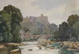 Castle viewed from the river, inscribed verso, 23 x 33cm by Frank Baker, watercolour, sold Dec 2018