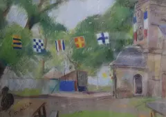 Bunting outside a French church by Ellsee Maclet, pastel, offered Nov 2018