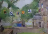 Bunting outside a French church by Ellsee Maclet, pastel, offered Nov 2018
