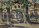 Street scene by William Bell Scott Valentine, 1951, ink and watercolour, sold Nov 2018