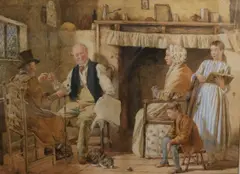 Cottage interior with figures signed lower left 33cm x 43.5cm by Frederick Thomas Underhill, watercolour, sold Nov 2018