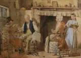 Cottage interior with figures signed lower left 33cm x 43.5cm by Frederick Thomas Underhill, watercolour, sold Nov 2018