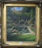 Lily pond in a garden by Leonard Carr Cox, oil on canvas, sold Nov 2018