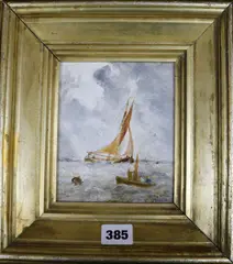 Shipping at sea by William Joseph Julius Ceaser Bond, oil on board, sold Oct 2018
