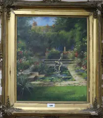 Lily pond in a garden by Leonard Carr Cox, oil on canvas, sold Oct 2018