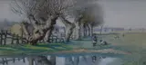 Pollarded Elms, Harston, Cambridgeshire, monogrammed, 16 x 34cm by Mary Charlotte Green, watercolour, sold Oct 2018
