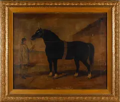 A black horse with attendant groom by English Naïve School, indistinctly inscribed and date 18?3 (lower right) oil on canvas, sold Aug 2012