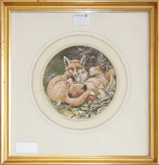 Four works including study of two playful foxes, circular mount, 17.5cm in diameter; together with three other wildlife subjects, by David Parry, all signed, watercolour (4), sold Aug 2012