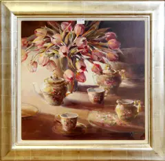 'Misty River Glen Etive', by Still Life and Highland river Walker, oil, 50cm x 60cm together with 'Pink Tulips and China' by the same hand, 58cm x 60cm (2), sold Jul 2012
