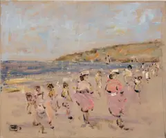 Figures on a beach by Walter John Beauvais, oil on canvasboard, sold Jul 2012
