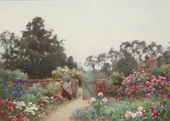 A young woman picking flowers in a Devonshire cottage garden by Benjamin D. Sigmund, watercolour heightened with bodycolour, sold Jun 2012