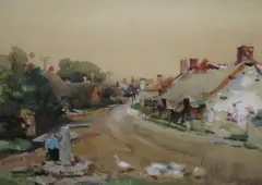 Figure with geese in a street by Frank Richards, sold May 2012