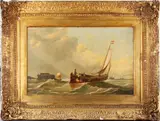 French fishing boat off a pier by 19th Century English School, oil on canvas laid on board, sold Apr 2012