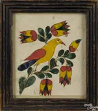 fraktur presentation piece of a bird perched on a tulip branch by Elizabeth Dieterly, watercolor, offered Oct 2016