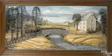 diorama of a country scene with a farm and a carriage crossing a stone bridge by Abner Zook, mixed media, offered Oct 2016