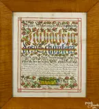 fraktur religious text for Georg Etter by Heinrich Engelhard, ink and watercolor, offered Oct 2016