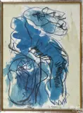 abstract blue figure with black lines by Karel Appel, mixed media, offered Oct 2016