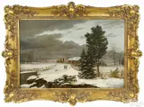 winter landscape with two figures and a dog approaching a cottage by Thomas Birch, oil on canvas, offered Oct 2016