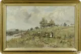 landscape with figures and a farmhouse by Frank F. English, oil on canvas, offered Oct 2016