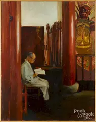of a Chinese man reading by Nancy Adler, oil on board, offered Jun 2016